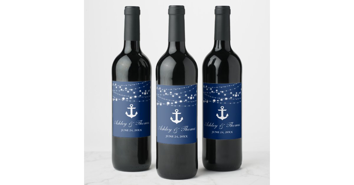 Nautical Wedding Anchor String Lights Navy Blue Wine Label