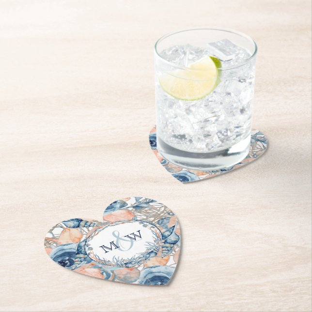 Nautical Wedding Beach Sea Shell and Roses, Paper Coaster (Insitu)