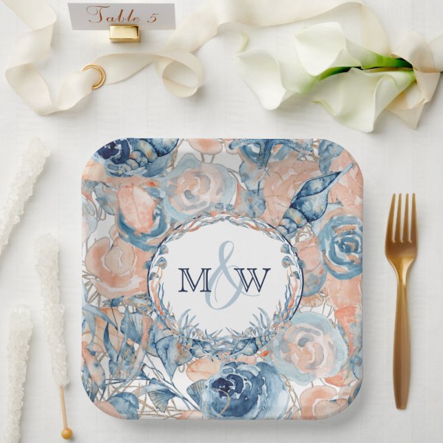 Nautical Wedding Beach Sea Shell and Roses, Paper Plates (Wedding)