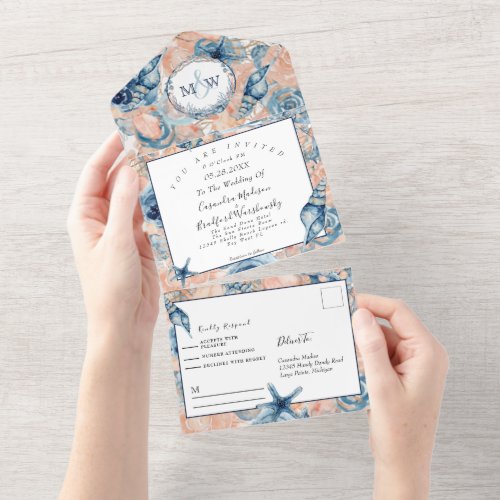 Nautical Wedding Beach Sea Shell Flowers  All In One Invitation