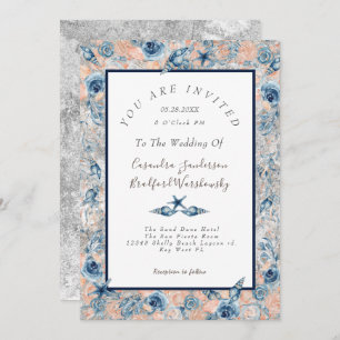 Nautical Wedding Beach Sea Shell Flowers Rose Gy Invitation