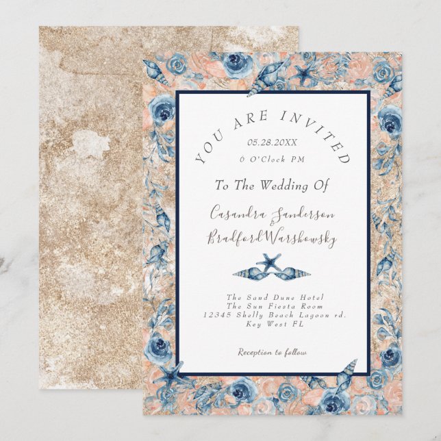 Nautical Wedding Beach Sea Shell Flowers Rose LT I Invitation (Front/Back)