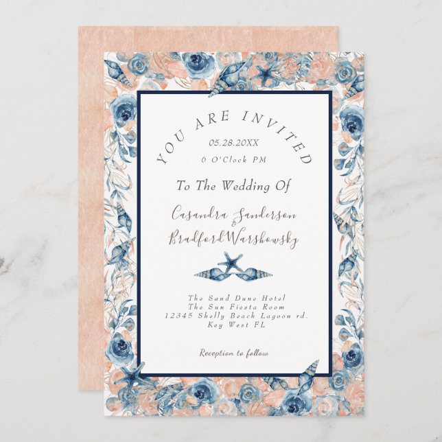 Nautical Wedding Beach Sea Shell Flowers Rose LT Invitation (Front/Back)