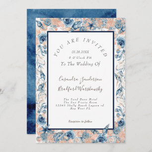 Nautical Wedding Beach Sea Shell Flowers Rose Navy Invitation