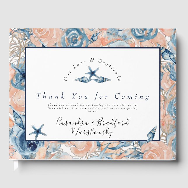 Nautical Wedding Beach Sea Shell Flowers Roses Guest Book (Front)