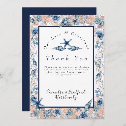 Nautical Wedding Beach Sea Shell Flowers Roses Thank You Card