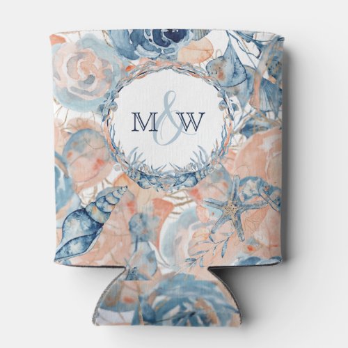 Nautical Wedding Beach Seashell and Roses Can Cooler