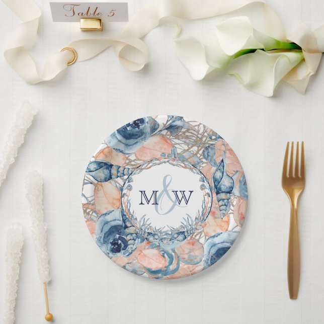 Nautical Wedding Beach Seashell and Roses, Paper Plates (Wedding)