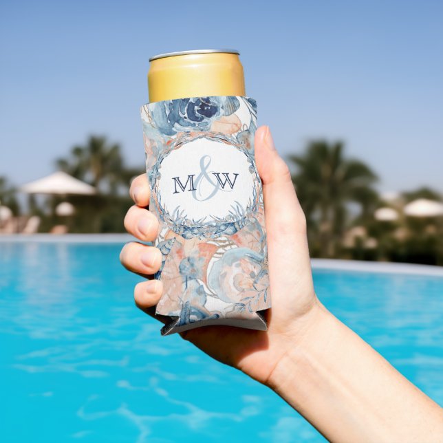 Nautical Wedding Beach Seashell and Roses Seltzer Can Cooler (In Situ Pool)