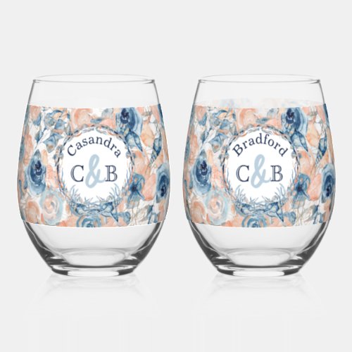 Nautical Wedding Beach Seashell and Roses Stemless Wine Glass