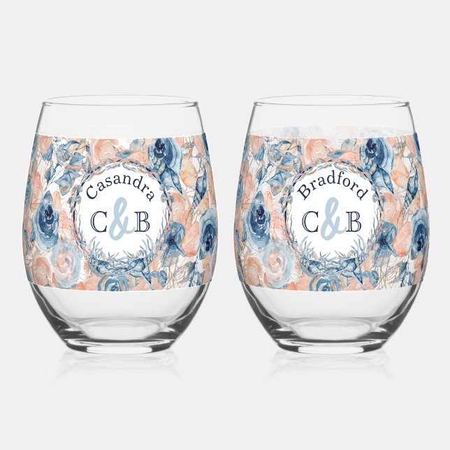 Nautical Wedding Beach Seashell and Roses Stemless Wine Glass (Front)