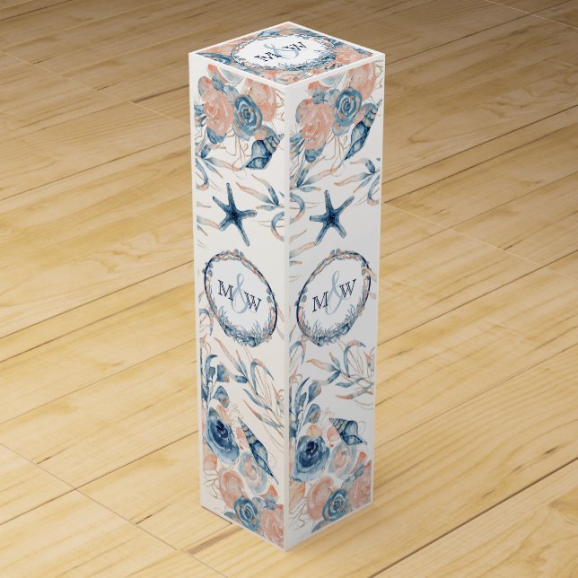 Nautical Wedding Beach Seashell and Roses Wine Box (Front)