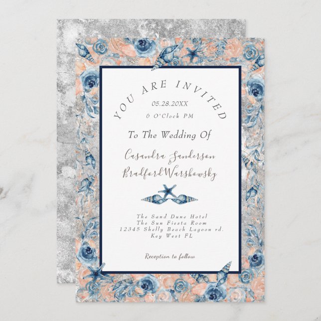 Nautical Wedding Beach Seashell Flowers Roses Gray Invitation (Front/Back)