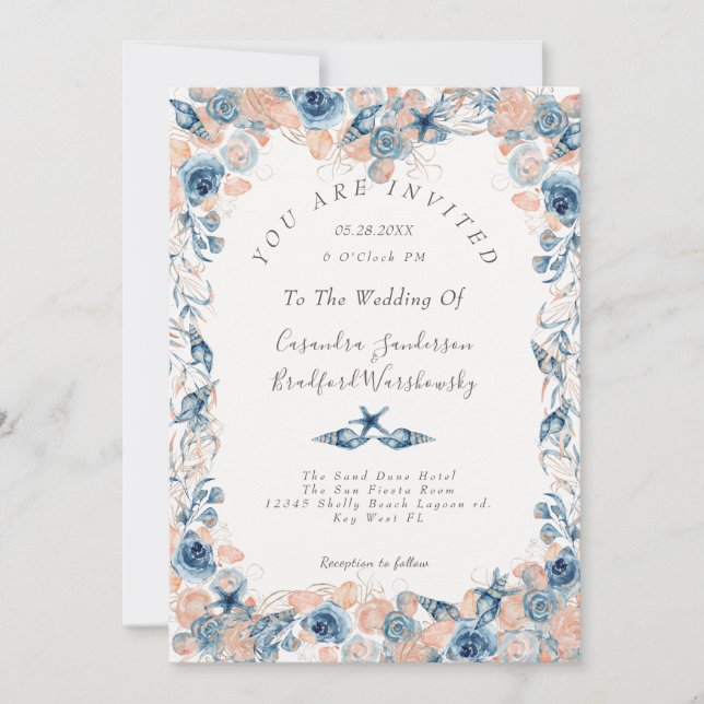 Nautical Wedding Beach Seashell Flowers Roses Wed Invitation (Front)