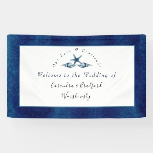 Nautical Wedding Beach Seashell  Navy  Blue White Banner