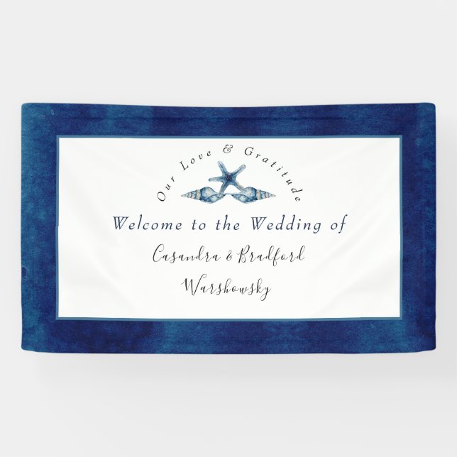 Nautical Wedding Beach Seashell  Navy  Blue White Banner (Horizontal)
