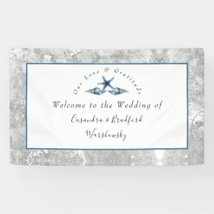 Nautical Wedding Beach Seashell Roses  Gray  Blue Banner