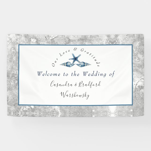 Nautical Wedding Beach Seashell Roses  Gray  Blue Banner (Horizontal)