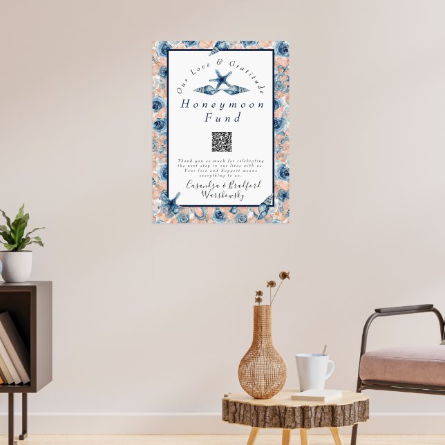 Nautical Wedding Beach Seashell Roses Honeymoon  Poster (Living Room 3)