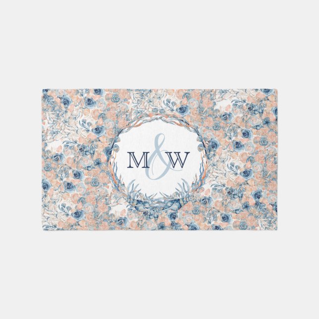 Nautical Wedding Beach Seashell  Roses Monogrammed Outdoor Rug (Front)