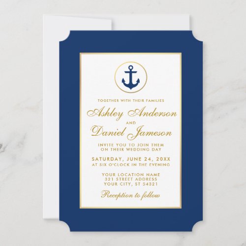Nautical Wedding Blue Anchor and Gold Invitation W