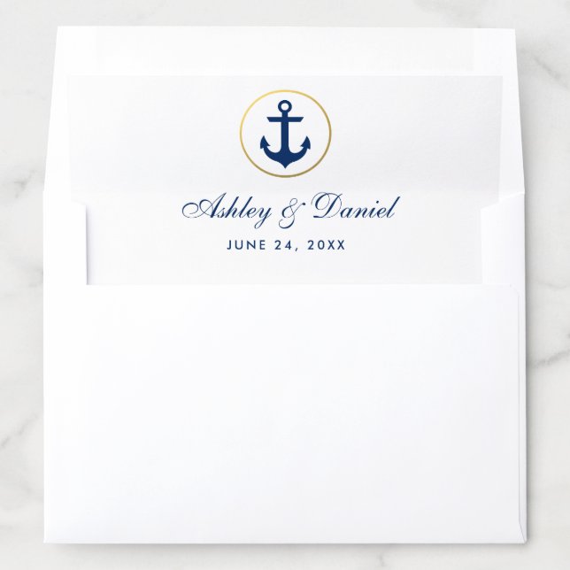 Nautical Wedding Blue Anchor Gold Ring Wedding Envelope Liner (In Envelope)