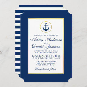 Nautical Wedding Blue Anchor Striped Invitation