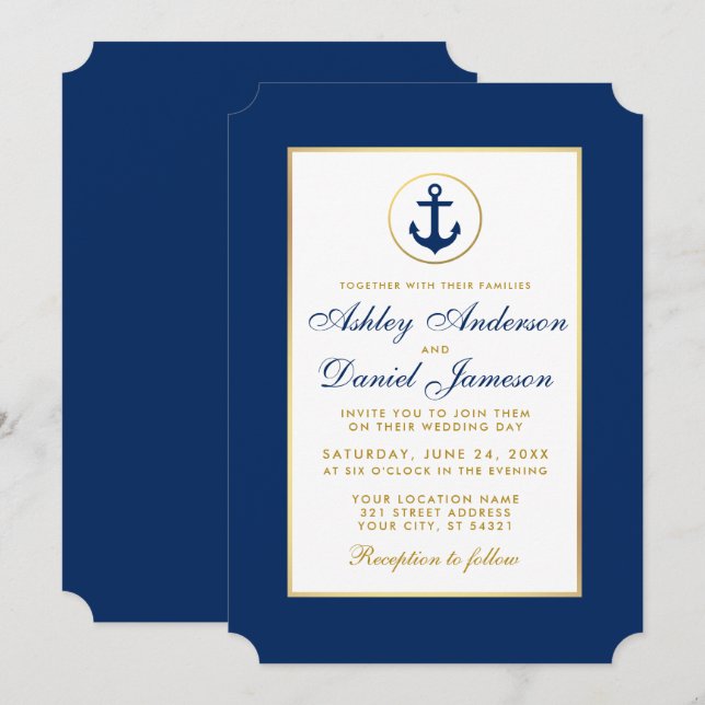 Nautical Wedding Blue and Gold Invitation (Front/Back)