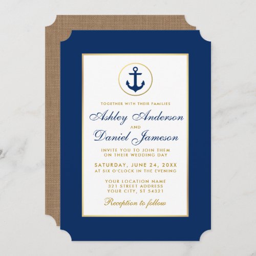 Nautical Wedding Blue and Gold Invitation B