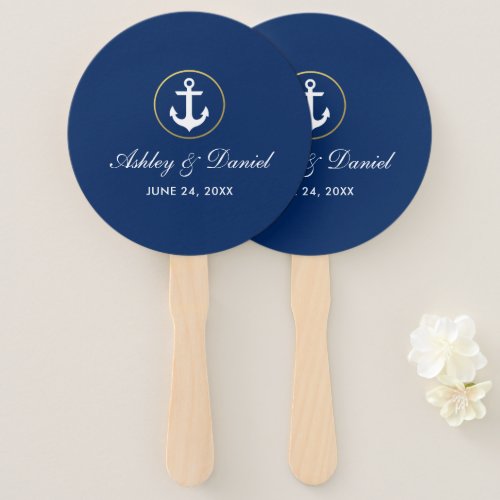 Nautical Wedding Blue and Gold Round Hand Fan