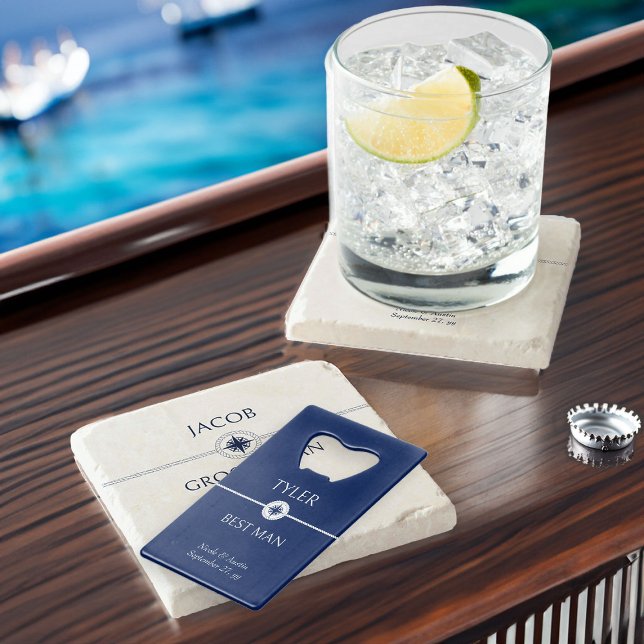 Nautical Wedding Blue and White Groomsman Gift Credit Card Bottle Opener (Nautical wedding groomsman gift - personalize for any member of your wedding party)