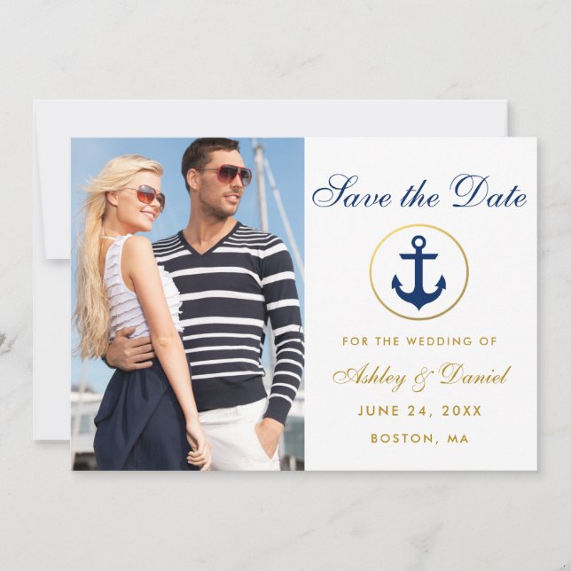 Nautical Wedding Blue Gold Save The Date Photo W (Front)