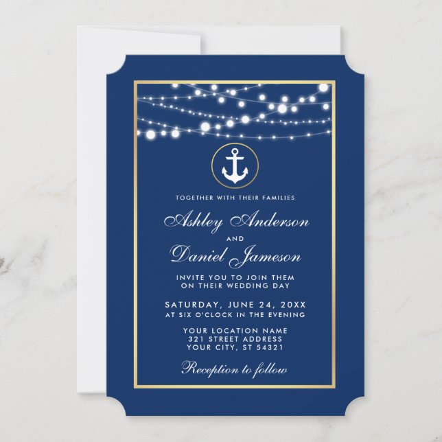 Nautical Wedding Blue Gold String Lights Invite (Front)