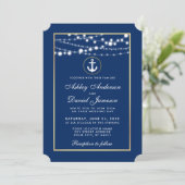 Nautical Wedding Blue Gold String Lights Invite (Standing Front)