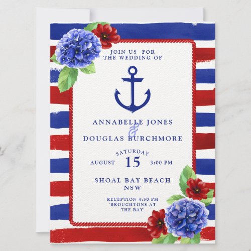 Nautical Wedding Blue Red Floral Watercolor Invitation