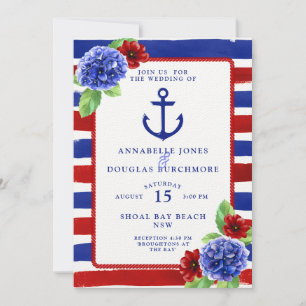 Nautical Wedding Blue Red Floral Watercolor Invitation