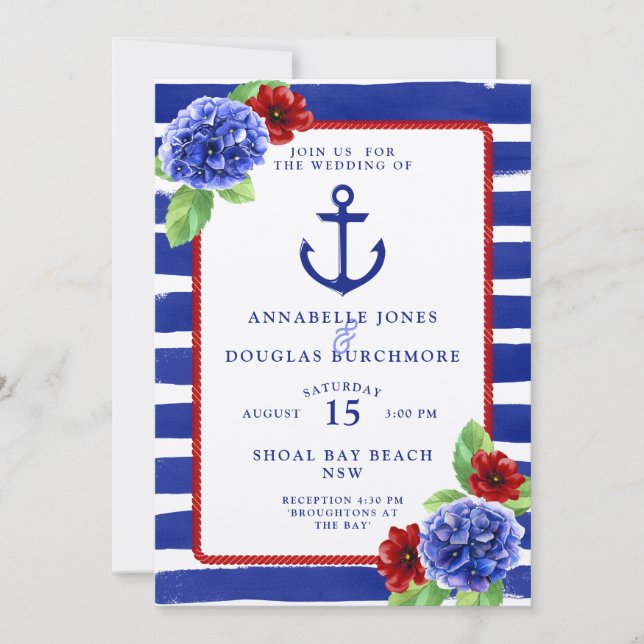 Nautical Wedding Blue Red Hydrangea Watercolor Invitation (Front)