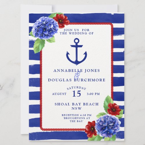 Nautical Wedding Blue Red Hydrangea Watercolor Invitation