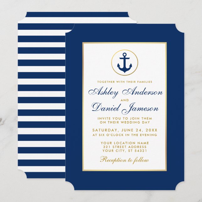 Nautical Wedding Blue Striped Gold Invitation (Front/Back)