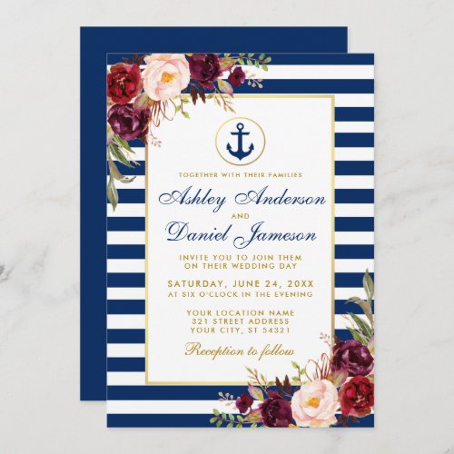 Nautical Wedding Blue Stripes Burgundy Invite B