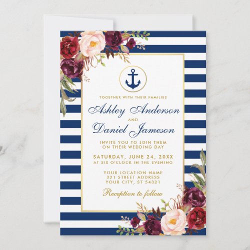 Nautical Wedding Blue Stripes Burgundy Invite W