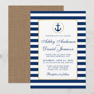 Nautical Wedding Blue Stripes Burlap Invite