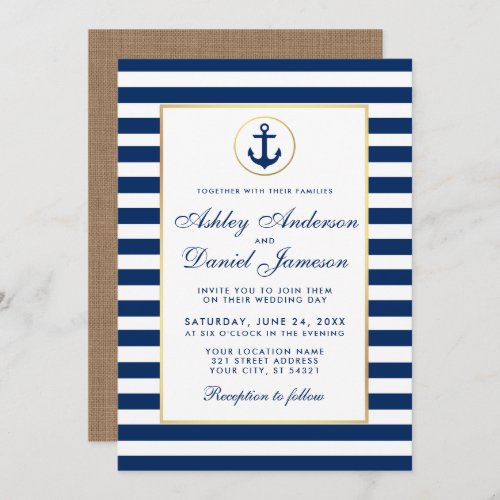 Nautical Wedding Blue Stripes Burlap Invite