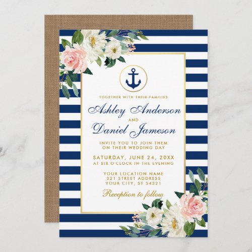 Nautical Wedding Blue Stripes Floral Burlap Invitation