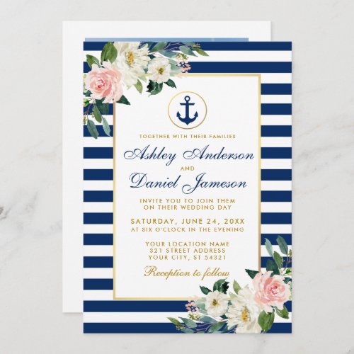 Nautical Wedding Blue Stripes Floral Photo Invitation