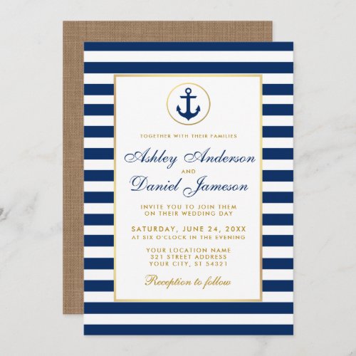 Nautical Wedding Blue Stripes Gold Burlap Invite
