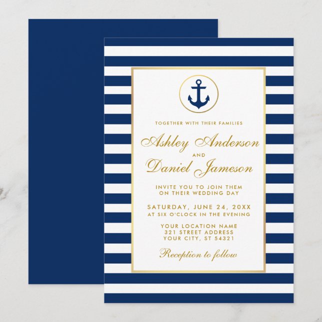 Nautical Wedding Blue Stripes Gold Invitation GB (Front/Back)