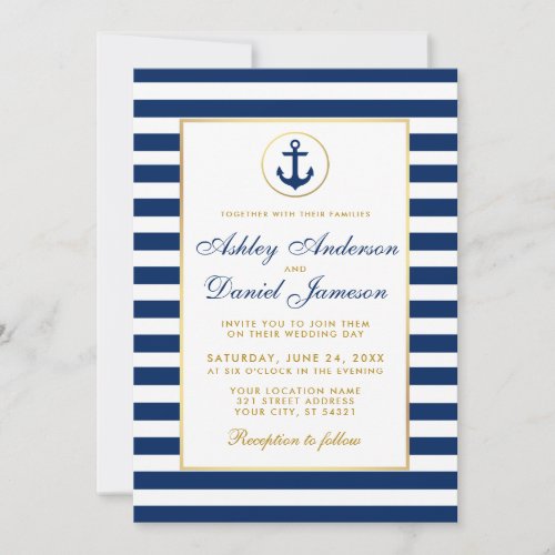 Nautical Wedding Blue Stripes Gold Invitation W