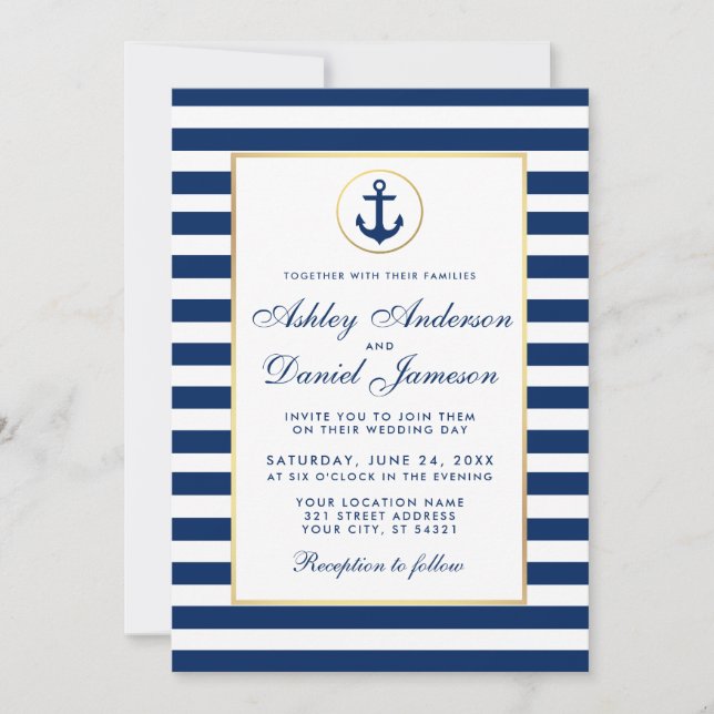 Nautical Wedding Blue Stripes Invitation (Front)