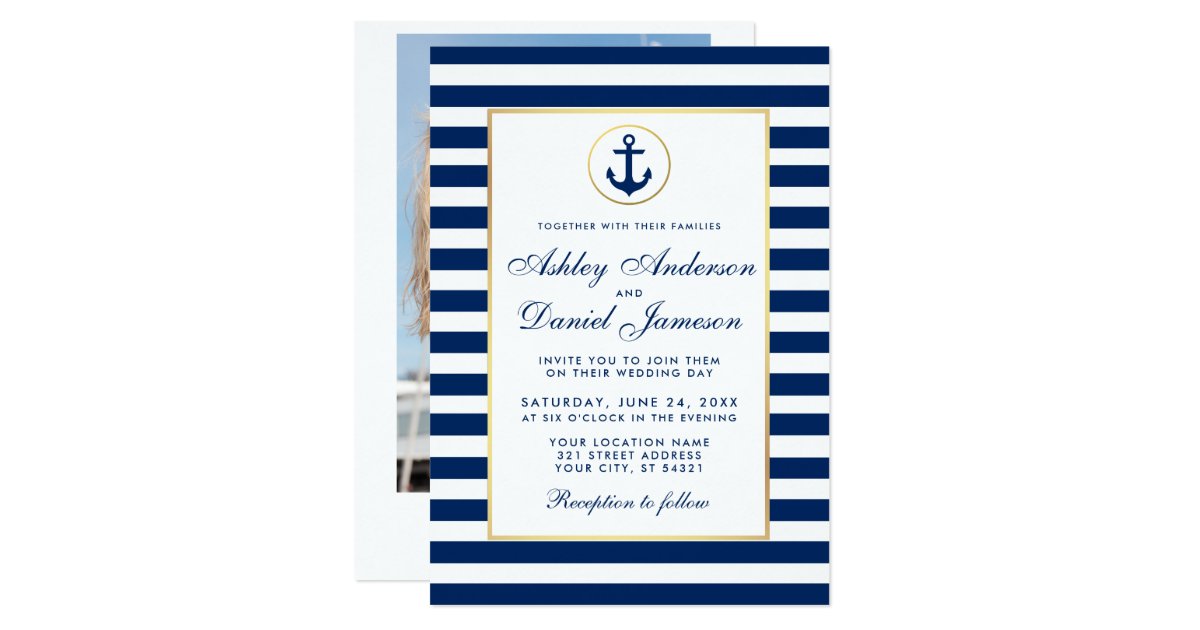 Nautical Wedding Blue Stripes Invite B Photo Back Zazzle Com